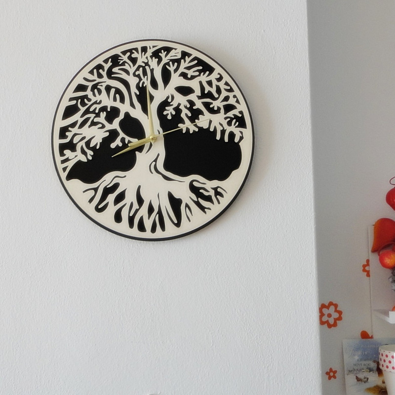 Wall clock tree of life material plywood poplar and black MDF