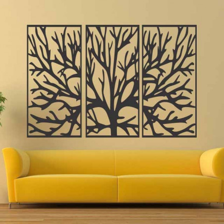 Wooden plywood wall painting of tree branches in a frame / 3 pieces of frame / FERO