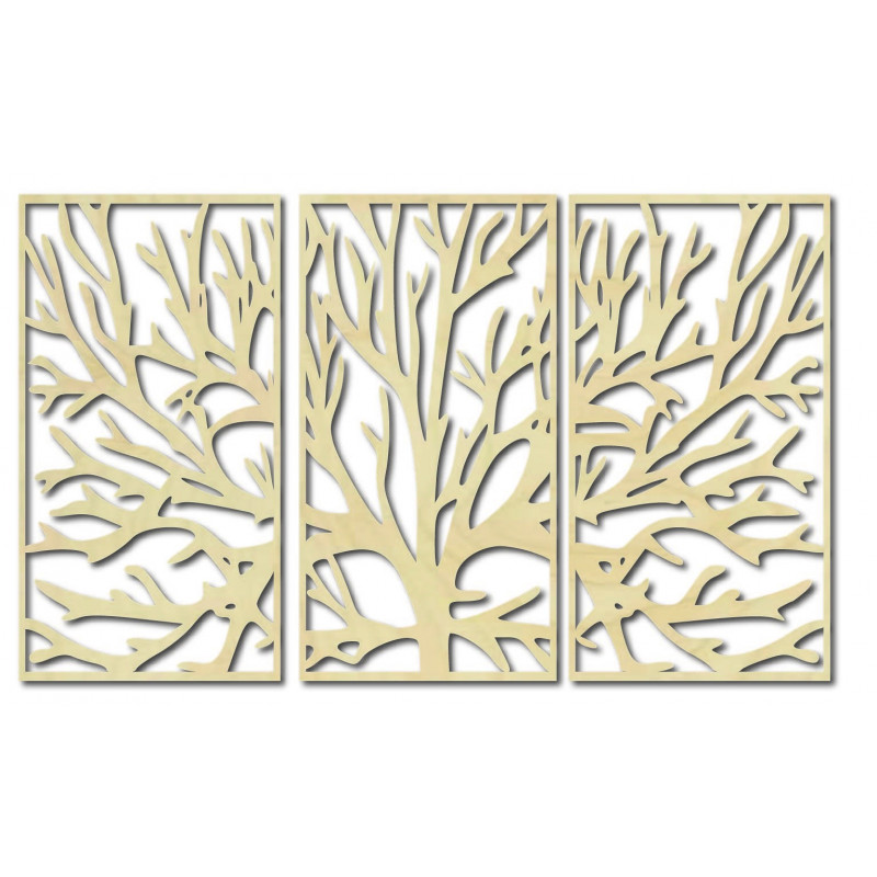 Wooden plywood wall painting of tree branches in a frame / 3 pieces of frame / FERO
