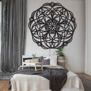 Flower carved mandala wooden picture on plywood wall