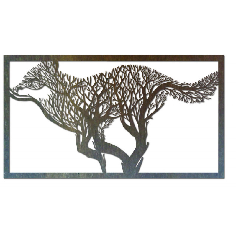 Carved wall painting of a dog made of wooden plywood. Modern wall painting dog, painting the kitchen, painting the wall